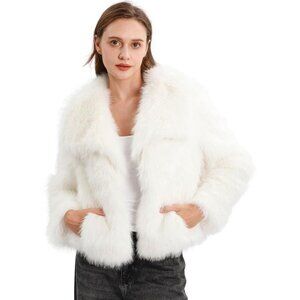 Women's White Faux Fur Collar Open Front Long Sleeve Winter Fleece Coat
